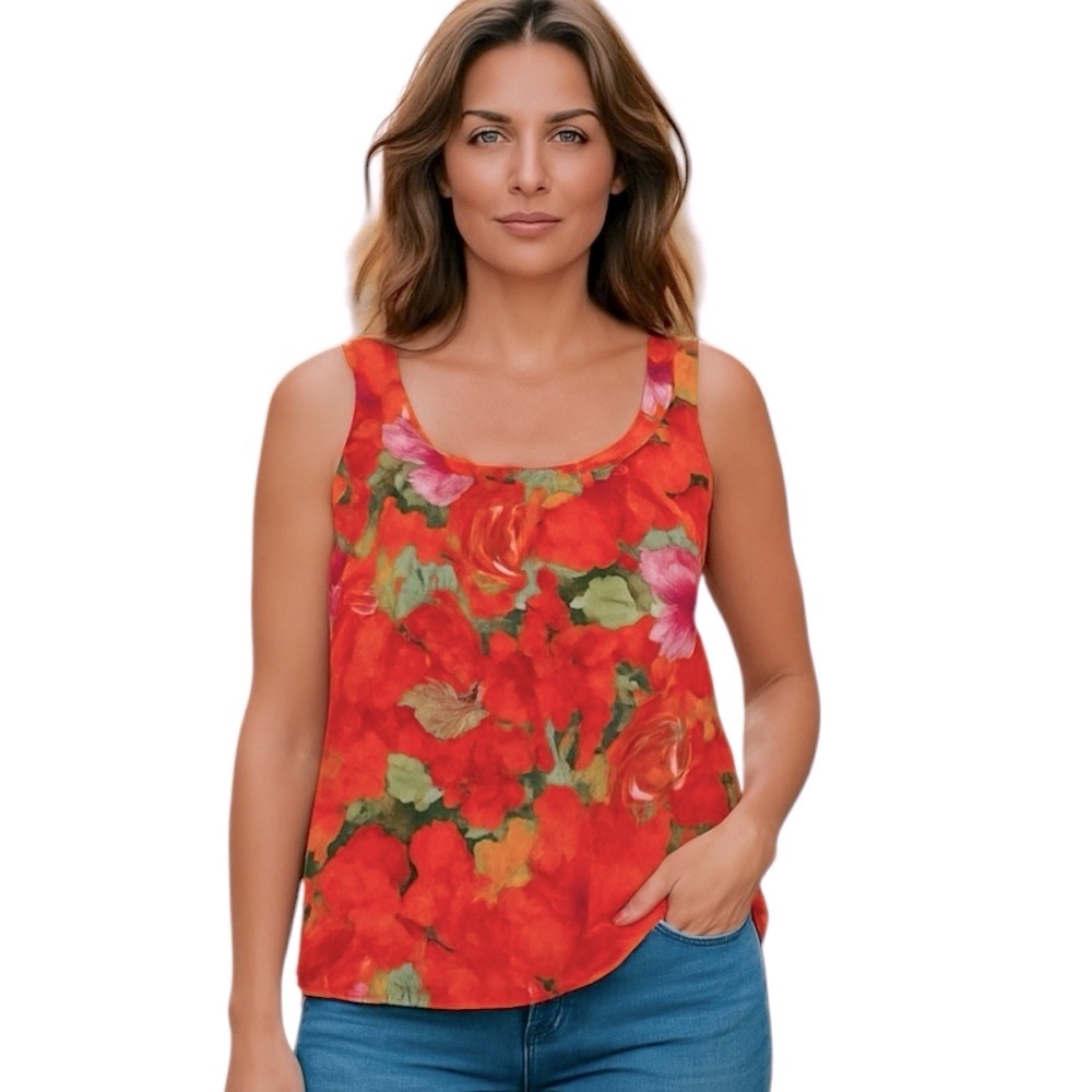 ST. JOHN SILK FLORAL LINED SLEEVELESS COLORFUL ORANGE PRINT BLOUSE TOP L